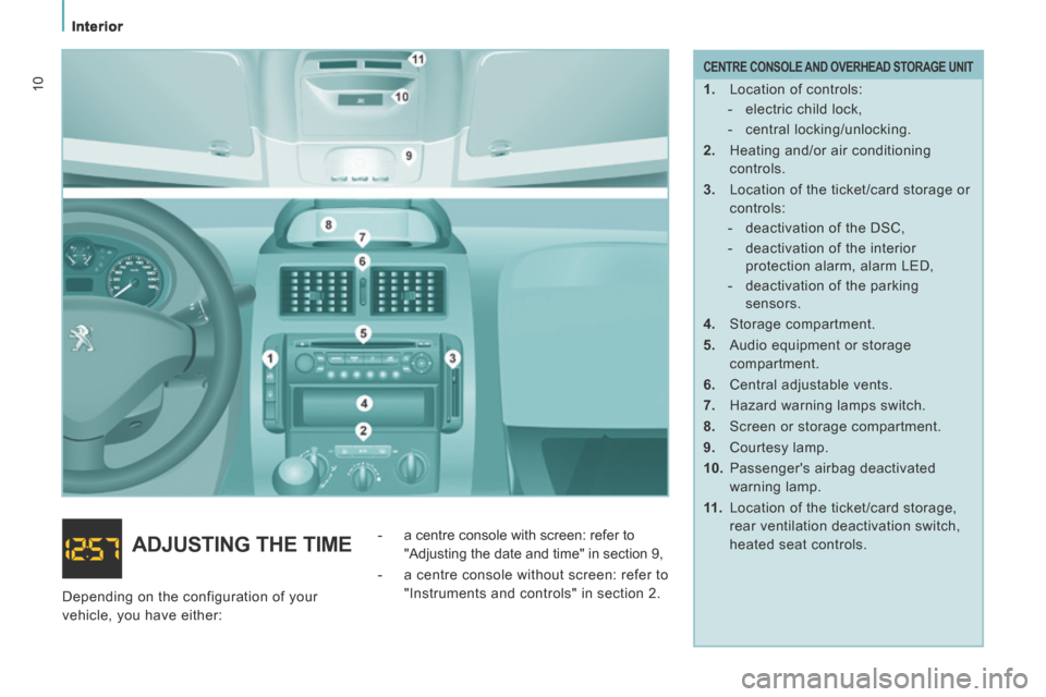 Peugeot Expert Tepee 2014  Owners Manual    Interior   
10
  CENTRE CONSOLE AND OVERHEAD STORAGE UNIT 
   1.   Location of controls:    -   electric  child  lock, 
  -   central  locking/unlocking.  
  2.   Heating and/or air conditioning  c