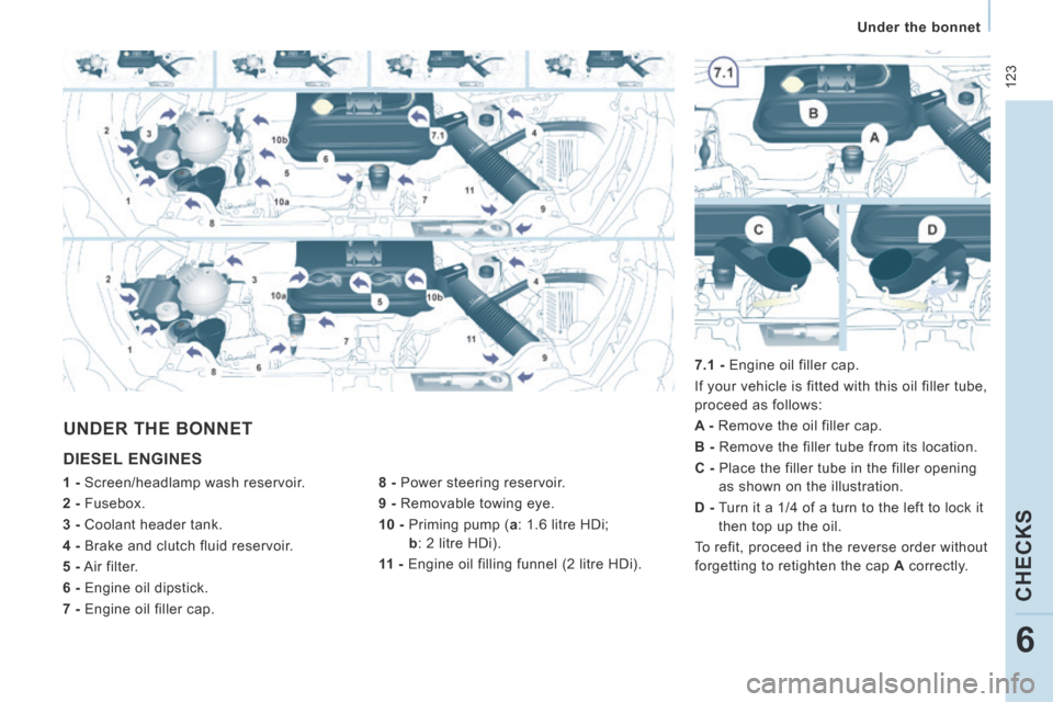 Peugeot Expert Tepee 2014  Owners Manual  123
   Under  the  bonnet   
CHECKS
6
 DIESEL  ENGINES 
  8 -  Power steering reservoir. 
  9 -  Removable towing eye. 
  10 -   Priming pump ( a : 1.6 litre HDi; 
  b  : 2 litre HDi). 
  11  -   Eng