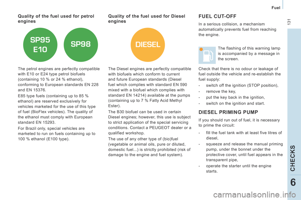 Peugeot Expert Tepee 2014  Owners Manual DIESEL
 131
   Fuel   
CHECKS
6
 FUEL  CUT-OFF 
 In a serious collision, a mechanism 
automatically prevents fuel from reaching 
the engine. 
 DIESEL PRIMING PUMP 
   If you should run out of fuel, it