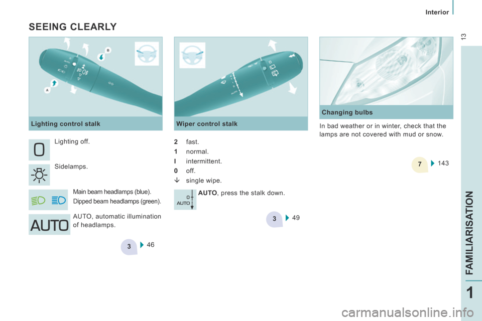Peugeot Expert Tepee 2014  Owners Manual 3
3
7
 13
   Interior   
FAMILIARISATION
1
  SEEING  CLEARLY 
46
 Lighting  off. 
 Sidelamps. 
 Main beam headlamps (blue).  
Dipped beam headlamps (green). 
  Wiper  control  stalk 
  2    fast.  
  