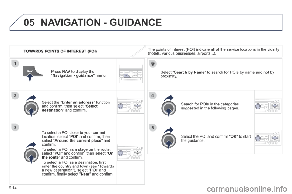 Peugeot Expert Tepee 2014 Owners Manual 9.14
05
TOWARDS POINTS OF INTEREST (POI)
NAVIGATION - GUIDANCE
The points of interest (POI) indicate all of the service locations in \
the vicinity (hotels, various businesses, airports...).
Peugeot Expert Tepee 2014 Owners Manual 9.14
05
TOWARDS POINTS OF INTEREST (POI)
NAVIGATION - GUIDANCE
The points of interest (POI) indicate all of the service locations in \
the vicinity (hotels, various businesses, airports...).