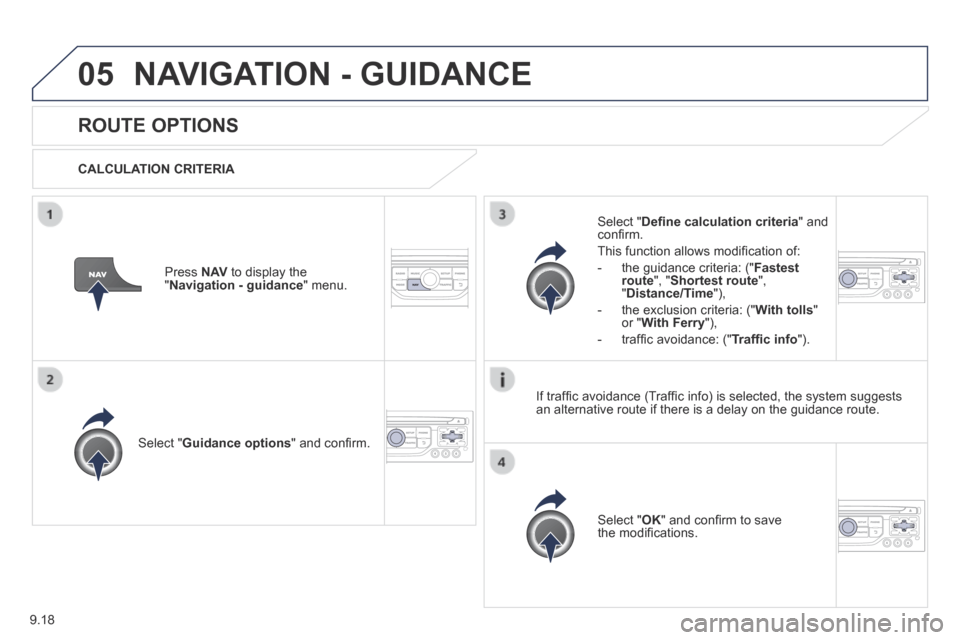 Peugeot Expert Tepee 2014  Owners Manual 9.18
05 NAVIGATION - GUIDANCE 
ROUTE OPTIONS 
  CALCULATION  CRITERIA  
  Select  " Guidance options " and conﬁ rm.  
  Select  " OK " and conﬁ rm to save the modiﬁ cations.   
  Select  " Deﬁ