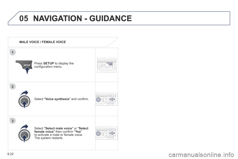 Peugeot Expert Tepee 2014  Owners Manual 9.22
05 NAVIGATION - GUIDANCE 
   MALE  VOICE  /  FEMALE  VOICE  
  Press   SETUP  to display the conﬁ guration menu.  
  Select  " Select male voice " or " Select female voice " then conﬁ rm " Ye