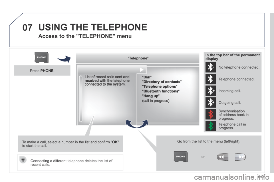 Peugeot Expert Tepee 2014 Owners Manual 9.27
07 USING THE TELEPHONE
Access to the "TELEPHONE" menu
" " " " " " " " " " " " " " " " " " TelephoneTelephoneTelephoneTelephoneTelephoneTelephoneTelephoneTe Peugeot Expert Tepee 2014 Owners Manual 9.27
07 USING THE TELEPHONE
Access to the "TELEPHONE" menu
" " " " " " " " " " " " " " " " " " TelephoneTelephoneTelephoneTelephoneTelephoneTelephoneTelephoneTe