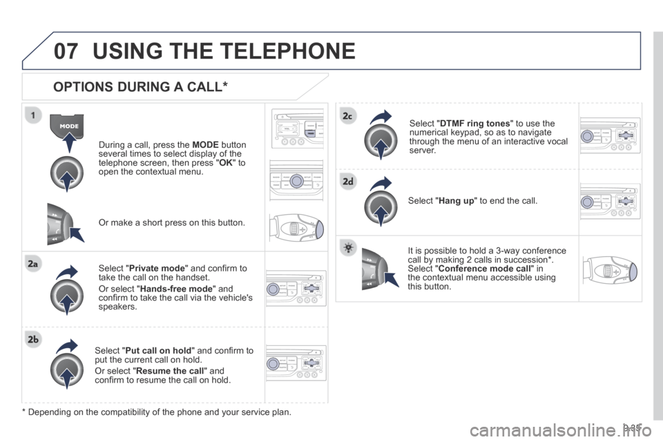 Peugeot Expert Tepee 2014 Owners Manual 9.35
07 USING THE TELEPHONE
OPTIONS DURING A CALL *
During a call, press the MODE button several times to select display of the telephone screen, then press " OK " to open the contextual Peugeot Expert Tepee 2014 Owners Manual 9.35
07 USING THE TELEPHONE
OPTIONS DURING A CALL *
During a call, press the MODE button several times to select display of the telephone screen, then press " OK " to open the contextual