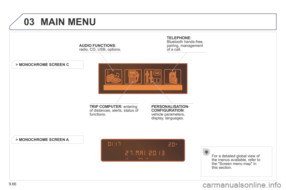 Peugeot Expert Tepee 2014  Owners Manual 9.66
03 MAIN  MENU 
AUDIO FUNCTIONS : radio, CD, USB, options.  
         >  MONOCHROME  SCREEN  C  
  For a detailed global view of the menus available, refer to the "Screen menu map" in this  sectio