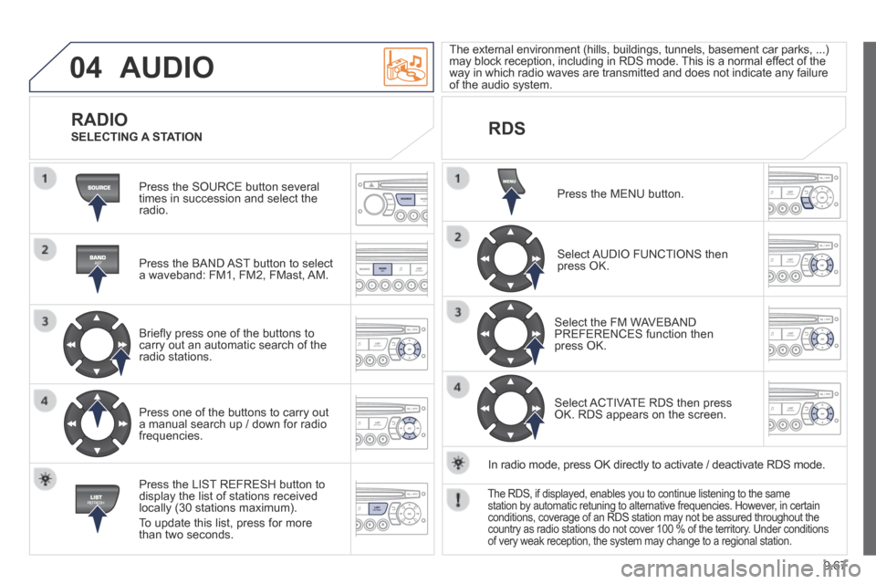 Peugeot Expert Tepee 2014  Owners Manual 9.67
04 AUDIO 
 Press the SOURCE button several times in succession and select the radio.  
  Press the BAND AST button to select a waveband: FM1, FM2, FMast, AM.  
  Brieﬂ y press one of the button