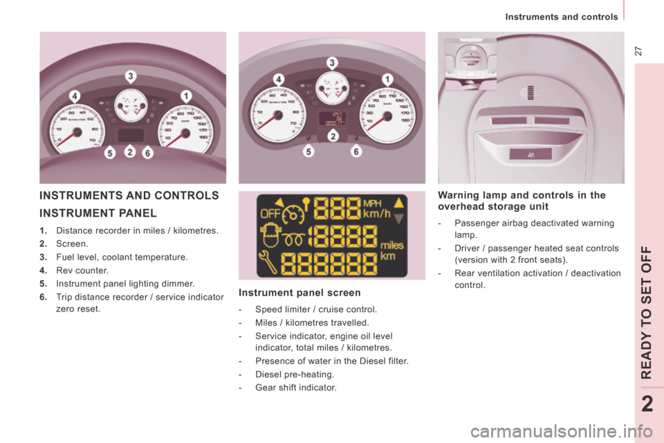 Peugeot Expert Tepee 2014  Owners Manual  27
   Instruments  and  controls   
READ
Y T
O SET OFF
2
 INSTRUMENT  PANEL 
   1.   Distance recorder in miles / kilometres. 
  2.   Screen. 
  3.   Fuel level, coolant temperature. 
  4.   Rev  cou