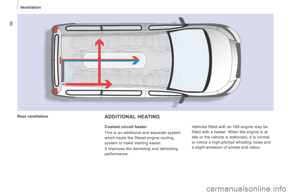 Peugeot Expert Tepee 2014  Owners Manual 66
   Ventilation   
 ADDITIONAL  HEATING  
 Vehicles fitted with an HDi engine may be 
fitted with a heater. When the engine is at 
idle or the vehicle is stationary, it is normal 
to notice a high-p