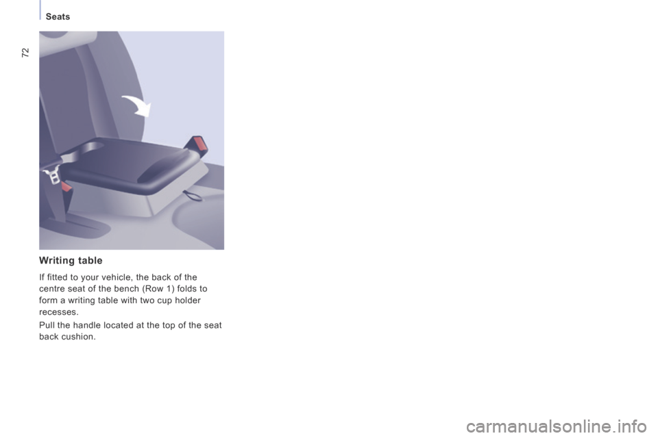 Peugeot Expert Tepee 2014 Manual PDF 72
   Seats   
  Writing  table 
 If fitted to your vehicle, the back of the 
centre seat of the bench (Row 1) folds to 
form a writing table with two cup holder 
recesses. 
 Pull the handle located a