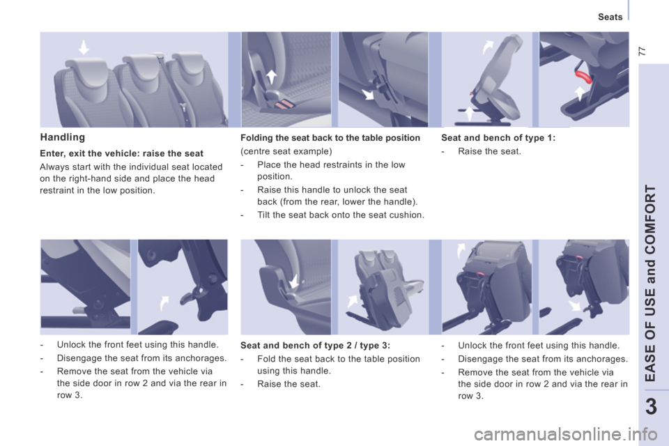 Peugeot Expert Tepee 2014 Manual PDF  77
   Seats   
EASE OF USE and COMFORT
3
  Handling   Folding the seat back to the table position 
 (centre seat example) 
   -   Place the head restraints in the low position. 
  -   Raise this hand