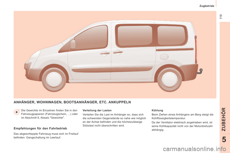 Peugeot Expert Tepee 2014  Betriebsanleitung (in German)  11 9
   Zugbetrieb   
ZUBEHÖR
5
 Die Gewichte im Einzelnen finden Sie in den 
Fahrzeugpapieren (Fahrzeugschein, ...) oder 
im Abschnitt  8, Absatz  "Gewichte". 
 ANHÄNGER, WOHNWAGEN, BOOTSANHÄNGER