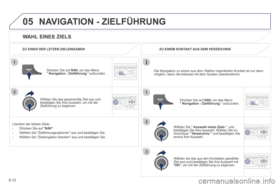 Peugeot Expert Tepee 2014 Betriebsanleitung (in German) 9.12
05
WAHL EINES ZIELS
NAVIGATION - ZIELFÜHRUNG
ZU EINER DER LETZEN ZIELEINGABEN
Drücken Sie auf N AV, um das Menü " Navigation - Zielführung " aufzurufen.
Wählen Sie das Peugeot Expert Tepee 2014 Betriebsanleitung (in German) 9.12
05
WAHL EINES ZIELS
NAVIGATION - ZIELFÜHRUNG
ZU EINER DER LETZEN ZIELEINGABEN
Drücken Sie auf N AV, um das Menü " Navigation - Zielführung " aufzurufen.
Wählen Sie das