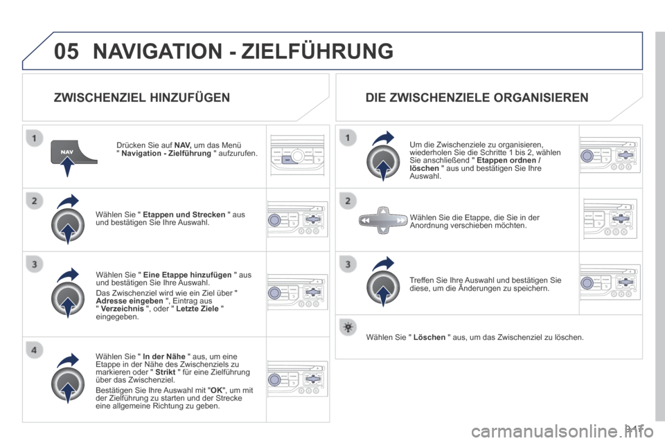 Peugeot Expert Tepee 2014 Betriebsanleitung (in German) 9.17
05 NAVIGATION - ZIELFÜHRUNG
ZWISCHENZIEL HINZUFÜGEN
Drücken Sie auf N AV, um das Menü " Navigation - Zielführung " aufzurufen.
Wählen Sie " Etappen und Strecken " aus und Peugeot Expert Tepee 2014 Betriebsanleitung (in German) 9.17
05 NAVIGATION - ZIELFÜHRUNG
ZWISCHENZIEL HINZUFÜGEN
Drücken Sie auf N AV, um das Menü " Navigation - Zielführung " aufzurufen.
Wählen Sie " Etappen und Strecken " aus und