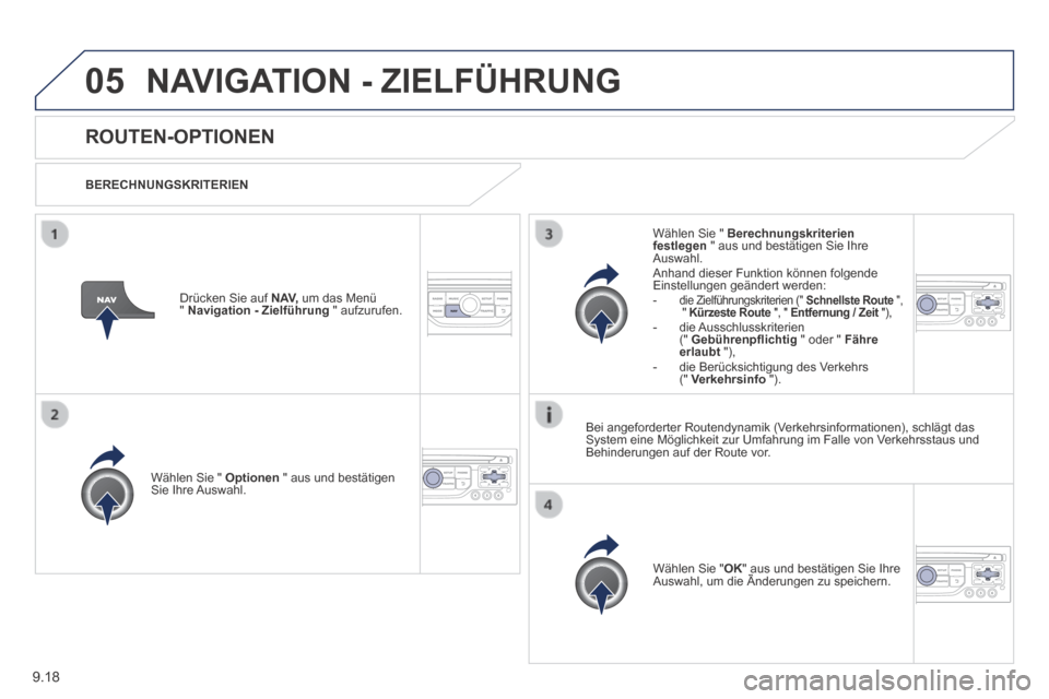 Peugeot Expert Tepee 2014 Betriebsanleitung (in German) 9.18
05 NAVIGATION - ZIELFÜHRUNG
ROUTEN-OPTIONEN
BERECHNUNGSKRITERIEN
Wählen Sie " Optionen " aus und bestätigen Sie Ihre Auswahl.
Wählen Sie " OK " aus und bestätigen Sie Peugeot Expert Tepee 2014 Betriebsanleitung (in German) 9.18
05 NAVIGATION - ZIELFÜHRUNG
ROUTEN-OPTIONEN
BERECHNUNGSKRITERIEN
Wählen Sie " Optionen " aus und bestätigen Sie Ihre Auswahl.
Wählen Sie " OK " aus und bestätigen Sie