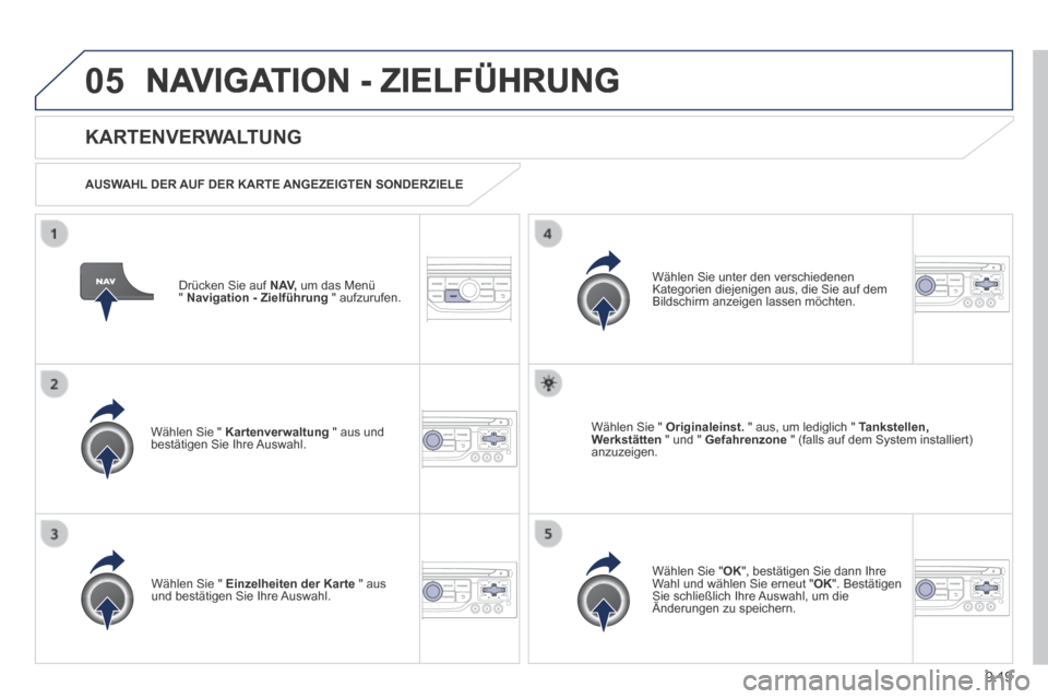 Peugeot Expert Tepee 2014 Betriebsanleitung (in German) 9.19
05 NAVIGATION - ZIELFÜHRUNG
Drücken Sie auf N AV, um das Menü " Navigation - Zielführung " aufzurufen.
KARTENVERWALTUNG
AUSWAHL DER AUF DER KARTE ANGEZEIGTEN SONDERZIELE
W Peugeot Expert Tepee 2014 Betriebsanleitung (in German) 9.19
05 NAVIGATION - ZIELFÜHRUNG
Drücken Sie auf N AV, um das Menü " Navigation - Zielführung " aufzurufen.
KARTENVERWALTUNG
AUSWAHL DER AUF DER KARTE ANGEZEIGTEN SONDERZIELE
W