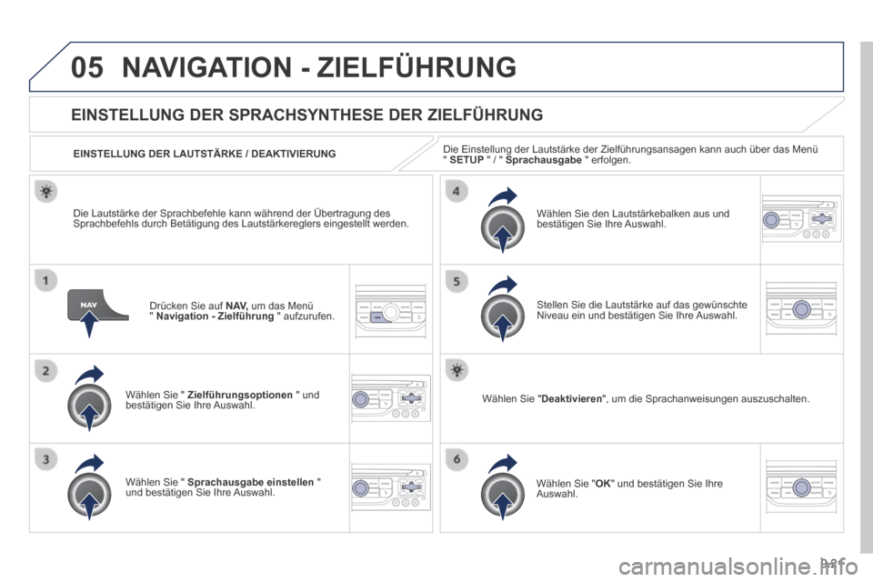 Peugeot Expert Tepee 2014 Betriebsanleitung (in German) 9.21
05 NAVIGATION - ZIELFÜHRUNG
Drücken Sie auf N AV, um das Menü " Navigation - Zielführung " aufzurufen.
EINSTELLUNG DER SPRACHSYNTHESE DER ZIELFÜHRUNG
Wählen Sie " Z Peugeot Expert Tepee 2014 Betriebsanleitung (in German) 9.21
05 NAVIGATION - ZIELFÜHRUNG
Drücken Sie auf N AV, um das Menü " Navigation - Zielführung " aufzurufen.
EINSTELLUNG DER SPRACHSYNTHESE DER ZIELFÜHRUNG
Wählen Sie " Z