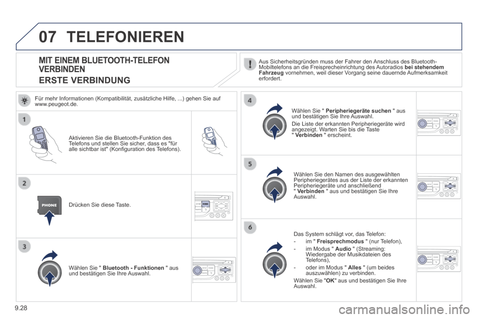 Peugeot Expert Tepee 2014  Betriebsanleitung (in German) 9.28
07
            MIT  EINEM  BLUETOOTH-TELEFON 
VERBINDEN  
ERSTE VERBINDUNG 
  Aus Sicherheitsgründen muss der Fahrer den Anschluss des Bluetooth-Mobiltelefons an die Freisprecheinrichtung des Au