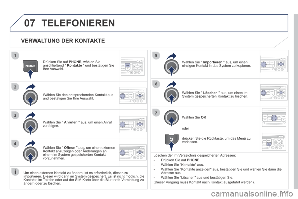 Peugeot Expert Tepee 2014  Betriebsanleitung (in German) 9.31
07
  VERWALTUNG  DER  KONTAKTE 
  Drücken Sie auf  PHONE , wählen Sie anschließend "  Kontakte  " und bestätigen Sie Ihre  Auswahl.  
  Wählen Sie den entsprechenden Kontakt aus und bestäti