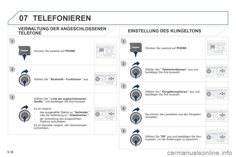 Peugeot Expert Tepee 2014  Betriebsanleitung (in German) 9.36
07
  Drücken Sie zweimal auf  PHONE .  
  Wählen Sie "  Liste der angeschlossenen Geräte  " und bestätigen Sie Ihre Auswahl.  
  Es  ist  möglich,    -   das  ausgewählte  Telefon  zu  "   