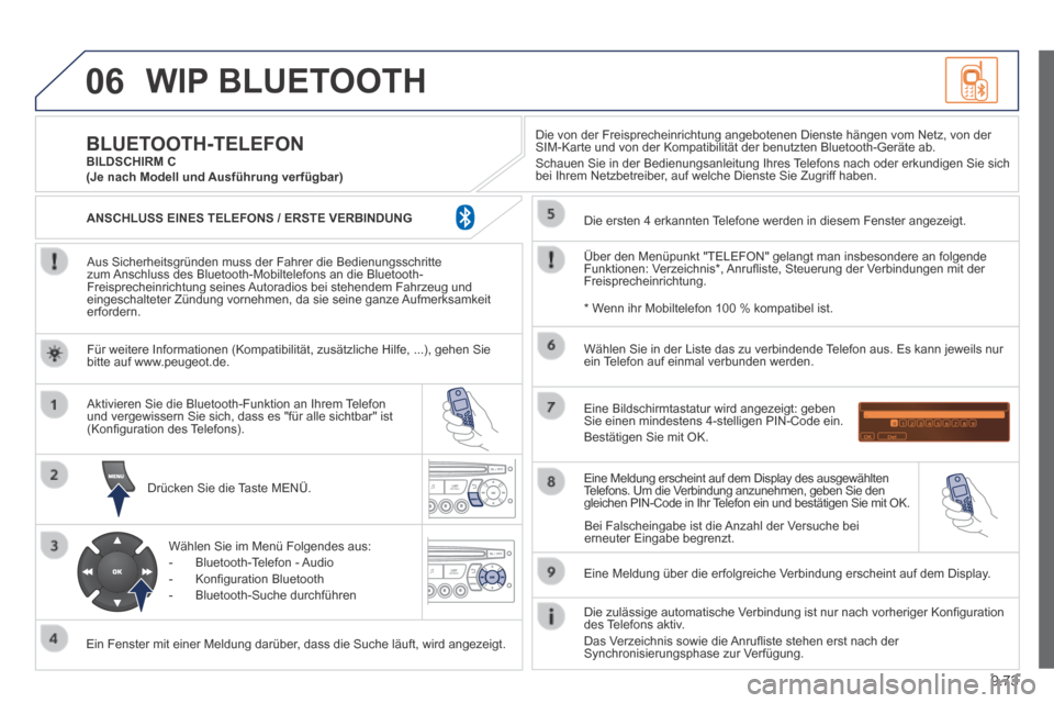 Peugeot Expert Tepee 2014  Betriebsanleitung (in German) 9.73
06 WIP  BLUETOOTH 
  Aus Sicherheitsgründen muss der Fahrer die Bedienungsschritte zum Anschluss des Bluetooth-Mobiltelefons an die Bluetooth-Freisprecheinrichtung seines Autoradios bei stehende