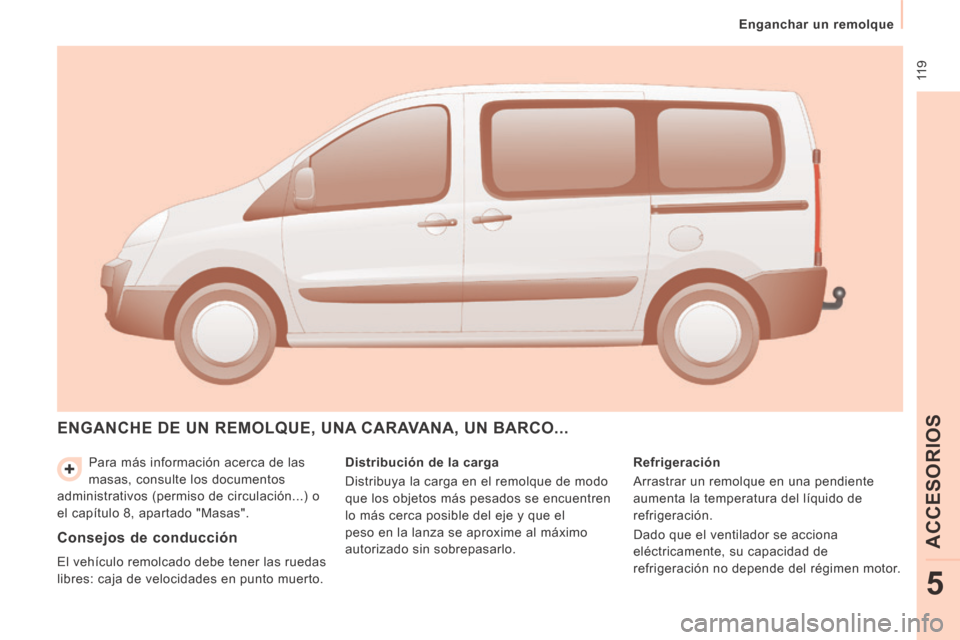 Peugeot Expert Tepee 2014 Manual del propietario (in Spanish) 11 9
Enganchar un remolque
ACCESORIOS
5
Para más información acerca de las
masas, consulte los documentos
administrativos (permiso de circulación...) o
el capítulo 8, apartado "Masas". Peugeot Expert Tepee 2014 Manual del propietario (in Spanish) 11 9
Enganchar un remolque
ACCESORIOS
5
Para más información acerca de las
masas, consulte los documentos
administrativos (permiso de circulación...) o
el capítulo 8, apartado "Masas".
