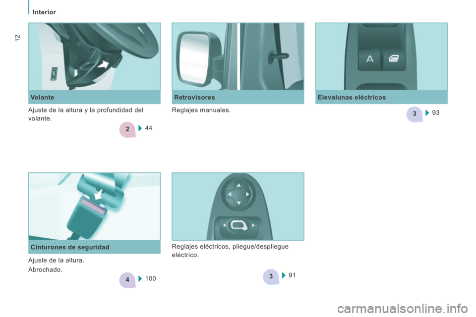 Peugeot Expert Tepee 2014 Manual del propietario (in Spanish) 2
4
3
3
Interior
12
Volante Elevalunas eléctricos
Retrovisores
44
Cinturones de seguridad 100 93
91
Ajuste de la altura y la profundidad del
volante.
Reglajes manuales.
Peugeot Expert Tepee 2014 Manual del propietario (in Spanish) 2
4
3
3
Interior
12
Volante Elevalunas eléctricos
Retrovisores
44
Cinturones de seguridad 100 93
91
Ajuste de la altura y la profundidad del
volante.
Reglajes manuales.