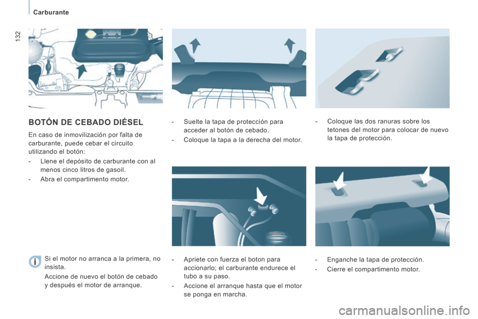 Peugeot Expert Tepee 2014 Manual del propietario (in Spanish) 132
Carburante
BOTÓN DE CEBADO DIÉSEL
En caso de inmovilización por falta de
carburante, puede cebar el circuito
utilizando el botón:
- Llene el depósito de carburante con al men Peugeot Expert Tepee 2014 Manual del propietario (in Spanish) 132
Carburante
BOTÓN DE CEBADO DIÉSEL
En caso de inmovilización por falta de
carburante, puede cebar el circuito
utilizando el botón:
- Llene el depósito de carburante con al men