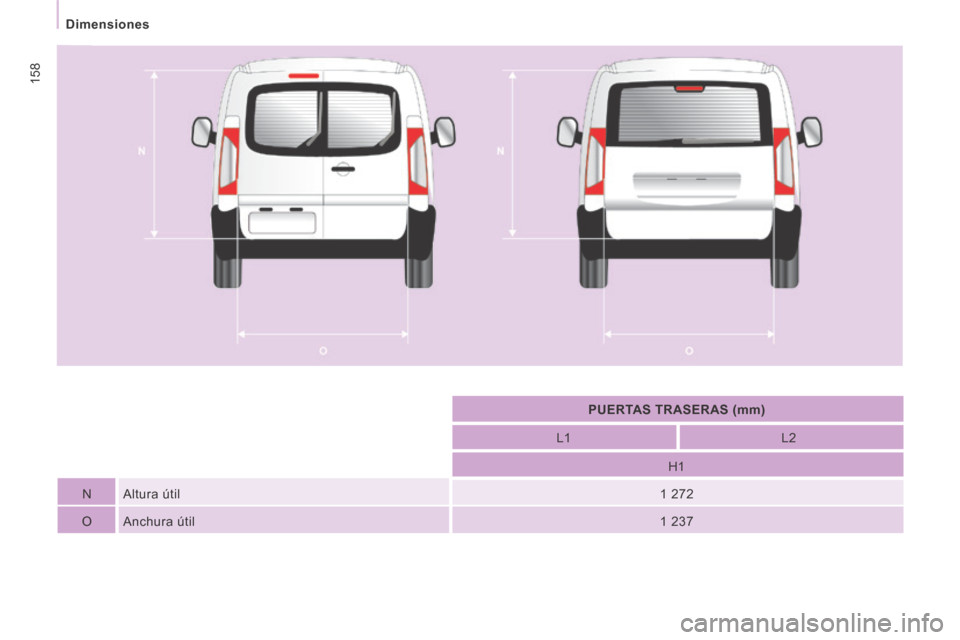 Peugeot Expert Tepee 2014 Manual del propietario (in Spanish) 158
Dimensiones
PUERTAS TRASERAS (mm)
L1 L2
H1
N Altura útil 1 272
O Anchura útil 1 237 Peugeot Expert Tepee 2014 Manual del propietario (in Spanish) 158
Dimensiones
PUERTAS TRASERAS (mm)
L1 L2
H1
N Altura útil 1 272
O Anchura útil 1 237