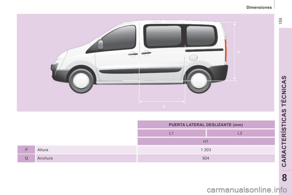 Peugeot Expert Tepee 2014 Manual del propietario (in Spanish) 159
Dimensiones
CARACTERÍSTICAS TÉCNICAS
8
PUERTA LATERAL DESLIZANTE (mm)
L1 L2
H1
P Altura 1 203
Q Anchura 924 Peugeot Expert Tepee 2014 Manual del propietario (in Spanish) 159
Dimensiones
CARACTERÍSTICAS TÉCNICAS
8
PUERTA LATERAL DESLIZANTE (mm)
L1 L2
H1
P Altura 1 203
Q Anchura 924