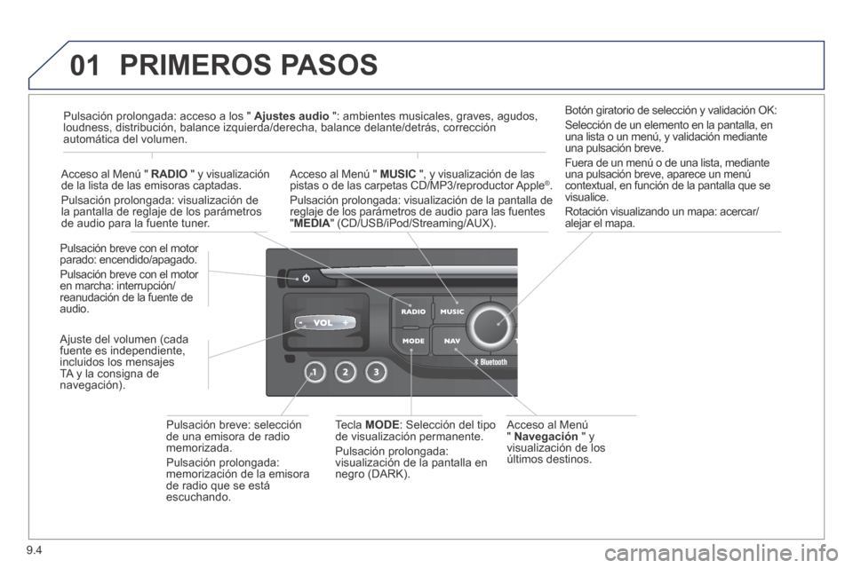 Peugeot Expert Tepee 2014  Manual del propietario (in Spanish) 9.4
01 PRIMEROS  PASOS 
  Acceso  al  Menú "  Navegación  " y visualización de los últimos  destinos.  
  Pulsación breve con el motor parado: encendido/apagado. 
 Pulsación breve con el motor e