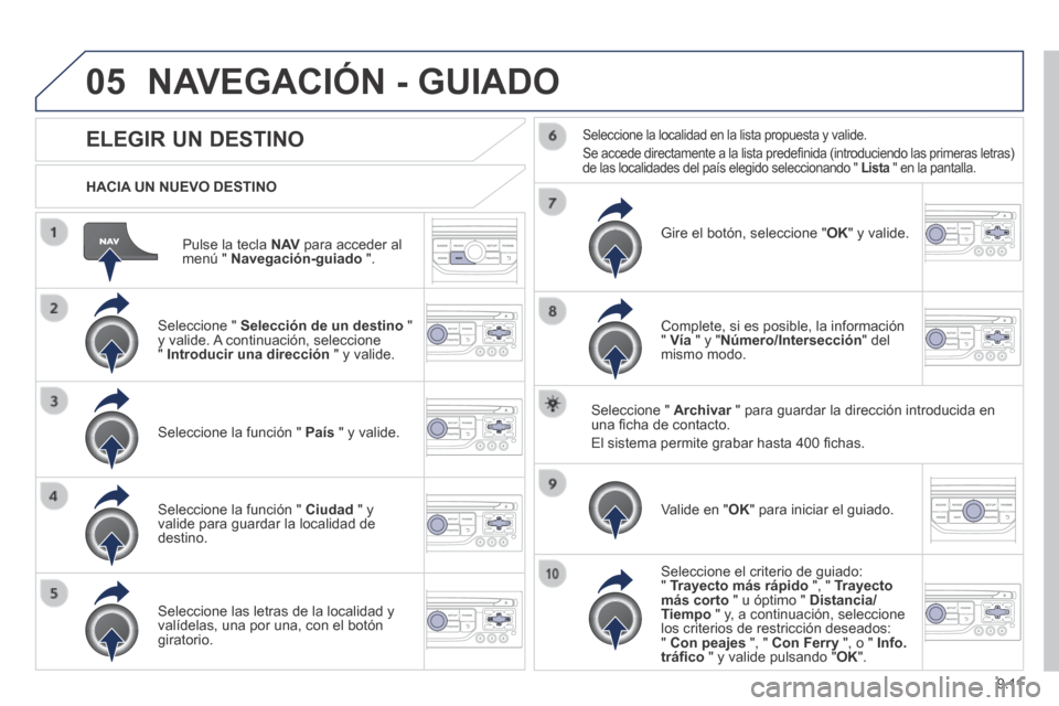 Peugeot Expert Tepee 2014 Manual del propietario (in Spanish) 9.11
05
Pulse la tecla N AV para acceder al menú " Navegación-guiado ".
HACIA UN NUEVO DESTINO
NAVEGACIÓN - GUIADO
ELEGIR UN DESTINO
Seleccione " Selección de u Peugeot Expert Tepee 2014 Manual del propietario (in Spanish) 9.11
05
Pulse la tecla N AV para acceder al menú " Navegación-guiado ".
HACIA UN NUEVO DESTINO
NAVEGACIÓN - GUIADO
ELEGIR UN DESTINO
Seleccione " Selección de u