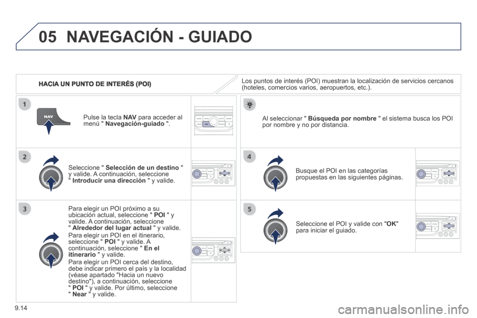 Peugeot Expert Tepee 2014 Manual del propietario (in Spanish) 9.14
05
HACIA UN PUNTO DE INTERÉS (POI)
NAVEGACIÓN - GUIADO
Los puntos de interés (POI) muestran la localización de servicio\
s cercanos (hoteles, comercios varios, aeropuertos, etc.).
Peugeot Expert Tepee 2014 Manual del propietario (in Spanish) 9.14
05
HACIA UN PUNTO DE INTERÉS (POI)
NAVEGACIÓN - GUIADO
Los puntos de interés (POI) muestran la localización de servicio\
s cercanos (hoteles, comercios varios, aeropuertos, etc.).
