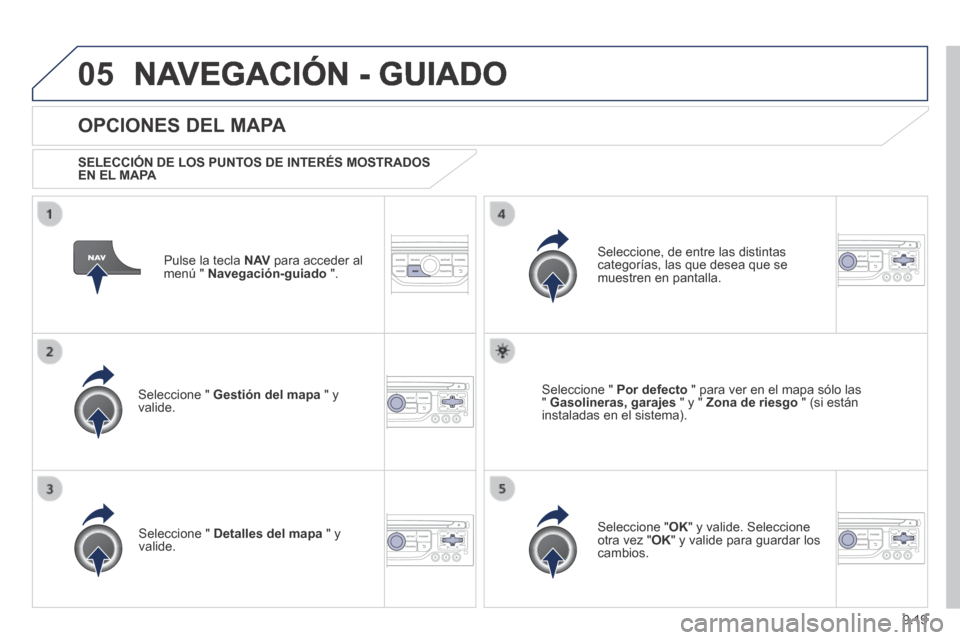 Peugeot Expert Tepee 2014 Manual del propietario (in Spanish) 9.19
05 NAVEGACIÓN - GUIADO
Pulse la tecla N AV para acceder al menú " Navegación-guiado ".
OPCIONES DEL MAPA
SELECCIÓN DE LOS PUNTOS DE INTERÉS MOSTRADOS EN EL MAPA
Seleccio Peugeot Expert Tepee 2014 Manual del propietario (in Spanish) 9.19
05 NAVEGACIÓN - GUIADO
Pulse la tecla N AV para acceder al menú " Navegación-guiado ".
OPCIONES DEL MAPA
SELECCIÓN DE LOS PUNTOS DE INTERÉS MOSTRADOS EN EL MAPA
Seleccio