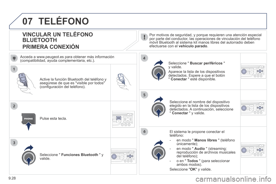 Peugeot Expert Tepee 2014 Manual del propietario (in Spanish) 9.28
07
VINCULAR UN TELÉFONO
BLUETOOTH
PRIMERA CONEXIÓN
Por motivos de seguridad, y porque requieren una atención especial por parte del conductor, las operaciones de vinculaci Peugeot Expert Tepee 2014 Manual del propietario (in Spanish) 9.28
07
VINCULAR UN TELÉFONO
BLUETOOTH
PRIMERA CONEXIÓN
Por motivos de seguridad, y porque requieren una atención especial por parte del conductor, las operaciones de vinculaci