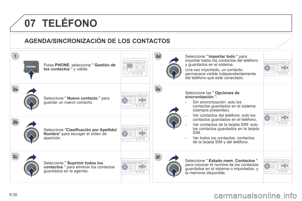 Peugeot Expert Tepee 2014 Manual del propietario (in Spanish) 9.30
07 TELÉFONO
AGENDA/SINCRONIZACIÓN DE LOS CONTACTOS
Pulse PHONE , seleccione " Gestión de los contactos " y valide.
Seleccione " Nuevo contacto " para guardar un nuevo contact Peugeot Expert Tepee 2014 Manual del propietario (in Spanish) 9.30
07 TELÉFONO
AGENDA/SINCRONIZACIÓN DE LOS CONTACTOS
Pulse PHONE , seleccione " Gestión de los contactos " y valide.
Seleccione " Nuevo contacto " para guardar un nuevo contact