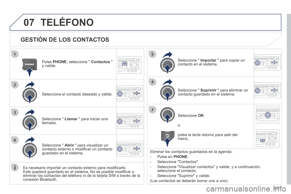 Peugeot Expert Tepee 2014  Manual del propietario (in Spanish) 9.31
07
  GESTIÓN DE LOS CONTACTOS 
  Pulse   PHONE , seleccione "  Contactos   " y  valide.  
  Seleccione el contacto deseado y valide.  
  Seleccione  "   Importar  " para copiar un Importar  " pa
