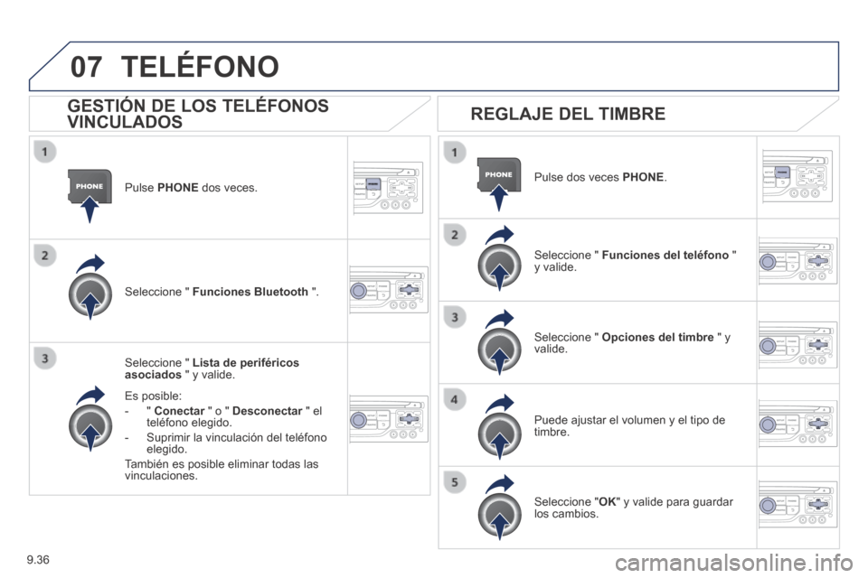 Peugeot Expert Tepee 2014  Manual del propietario (in Spanish) 9.36
07
  Pulse   PHONE   dos  veces.  
  Seleccione  "   Lista de periféricos asociados  " y valide.  
  Es  posible: 
   -   "   Conectar  " o "  Conectar  " o "  ConectarDesconectar  " el Desconec