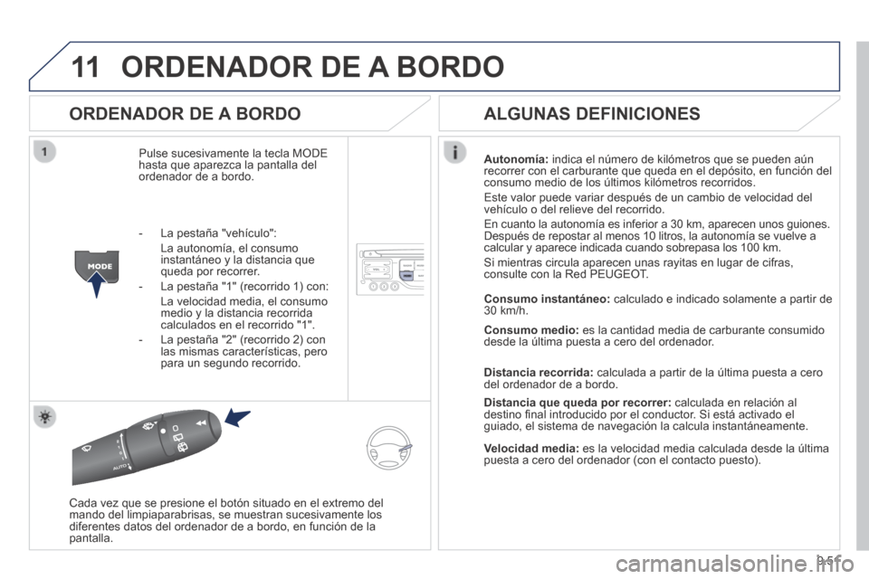 Peugeot Expert Tepee 2014 Manual del propietario (in Spanish) 9.51
11 ORDENADOR DE A BORDO
ORDENADOR DE A BORDO
Pulse sucesivamente la tecla MODE hasta que aparezca la pantalla del ordenador de a bordo.
Autonomía: indica el número de kilómetros que Peugeot Expert Tepee 2014 Manual del propietario (in Spanish) 9.51
11 ORDENADOR DE A BORDO
ORDENADOR DE A BORDO
Pulse sucesivamente la tecla MODE hasta que aparezca la pantalla del ordenador de a bordo.
Autonomía: indica el número de kilómetros que