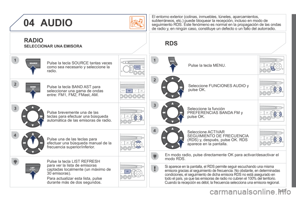 Peugeot Expert Tepee 2014  Manual del propietario (in Spanish) 9.67
04 AUDIO 
 Pulse la tecla SOURCE tantas veces como sea necesario y seleccione la radio.  
  Pulse la tecla BAND AST para seleccionar una gama de ondas entre: FM1, FM2, FMast, AM.  
  Pulse brevem