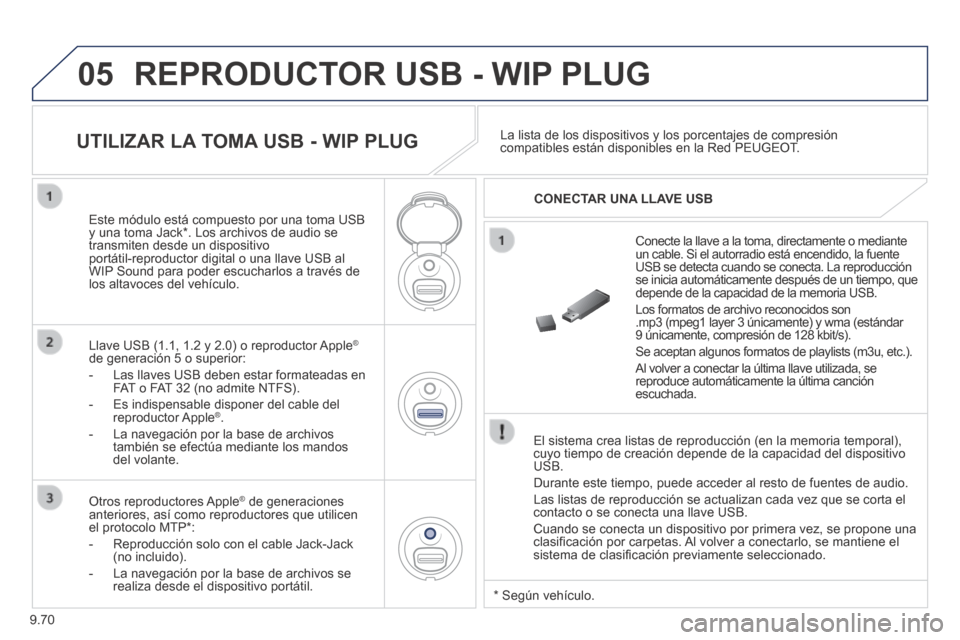 Peugeot Expert Tepee 2014  Manual del propietario (in Spanish) 9.70
05 REPRODUCTOR USB - WIP PLUG 
  El sistema crea listas de reproducción (en la memoria temporal), cuyo tiempo de creación depende de la capacidad del dispositivo USB. 
 Durante este tiempo, pue