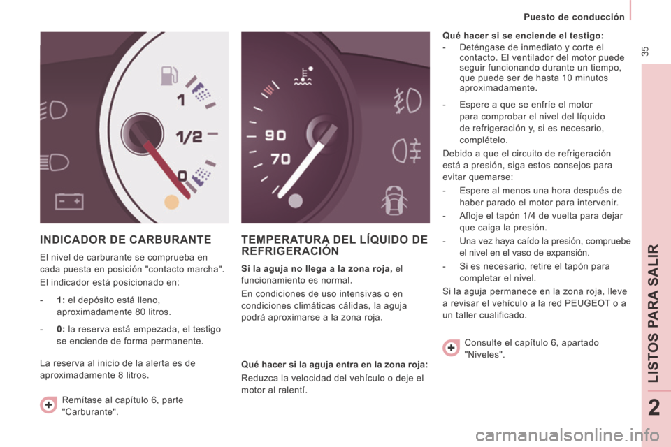 Peugeot Expert Tepee 2014  Manual del propietario (in Spanish)  35
   Puesto  de  conducción   
LIST
OS 
PARA SALIR
2
 INDICADOR DE CARBURANTE 
 El nivel de carburante se comprueba en 
cada puesta en posición "contacto marcha". 
 El indicador está posicionado 