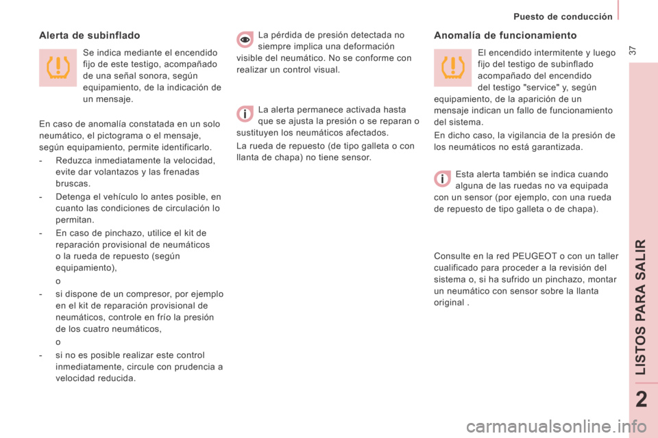 Peugeot Expert Tepee 2014  Manual del propietario (in Spanish)  37
   Puesto  de  conducción   
LIST
OS 
PARA SALIR
2
  Alerta  de  subinflado 
  Se indica mediante el encendido 
fijo de este testigo, acompañado 
de una señal sonora, según 
equipamiento, de l