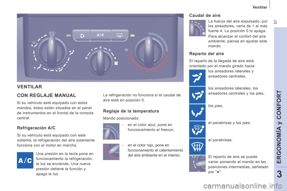 Peugeot Expert Tepee 2014  Manual del propietario (in Spanish)  57
   Ventilar   
ERGONOMÍA y CONFORT
3
 CON REGLAJE MANUAL 
 Si su vehículo está equipado con estos 
mandos, éstos están situados en el panel 
de instrumentos en el frontal de la consola 
centr