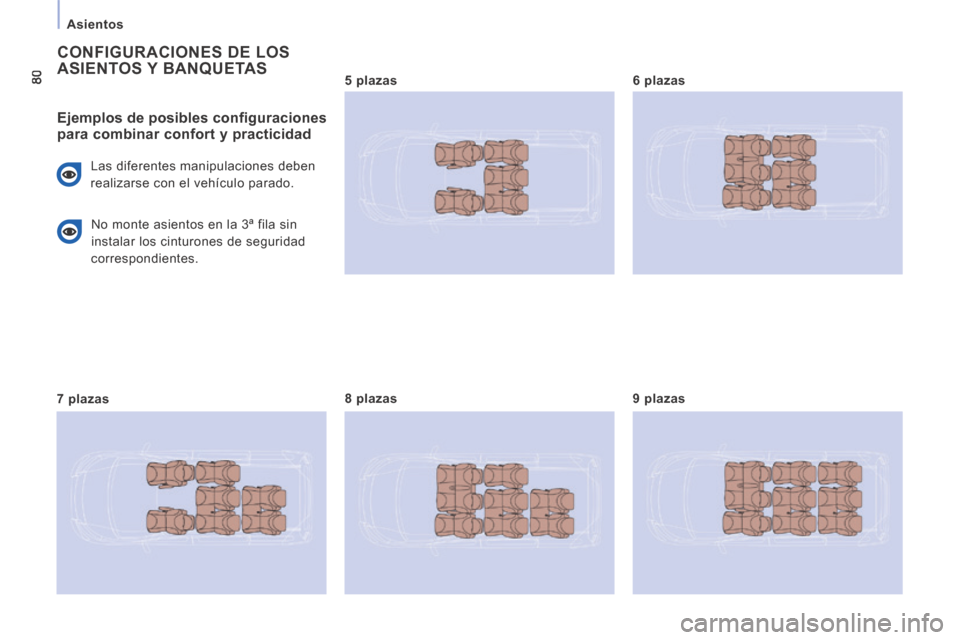 Peugeot Expert Tepee 2014  Manual del propietario (in Spanish) 80
   Asientos   
 CONFIGURACIONES DE LOS ASIENTOS Y BANQUETAS 
  Ejemplos de posibles configuraciones para combinar confort y practicidad 
 Las diferentes manipulaciones deben 
realizarse con el veh