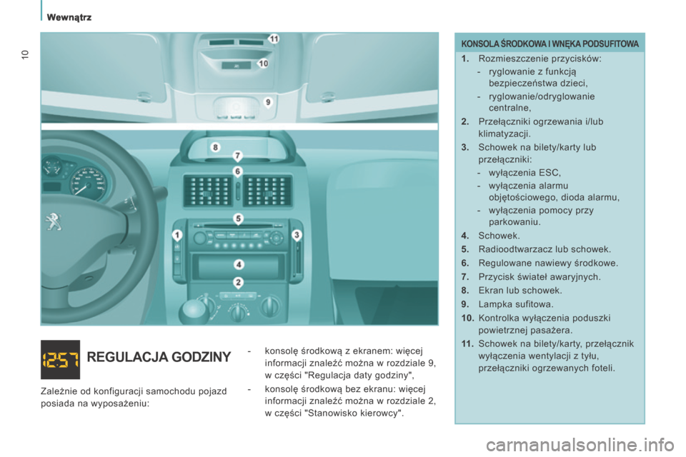 Peugeot Expert Tepee 2014  Instrukcja Obsługi (in Polish)    Wewnątrz   
10
  KONSOLA ŚRODKOWA I WNĘKA PODSUFITOWA 
   1.   Rozmieszczenie przycisków:    -   ryglowanie z funkcją bezpieczeństwa dzieci, 
  -   ryglowanie/odryglowanie  centralne,  
  2. 