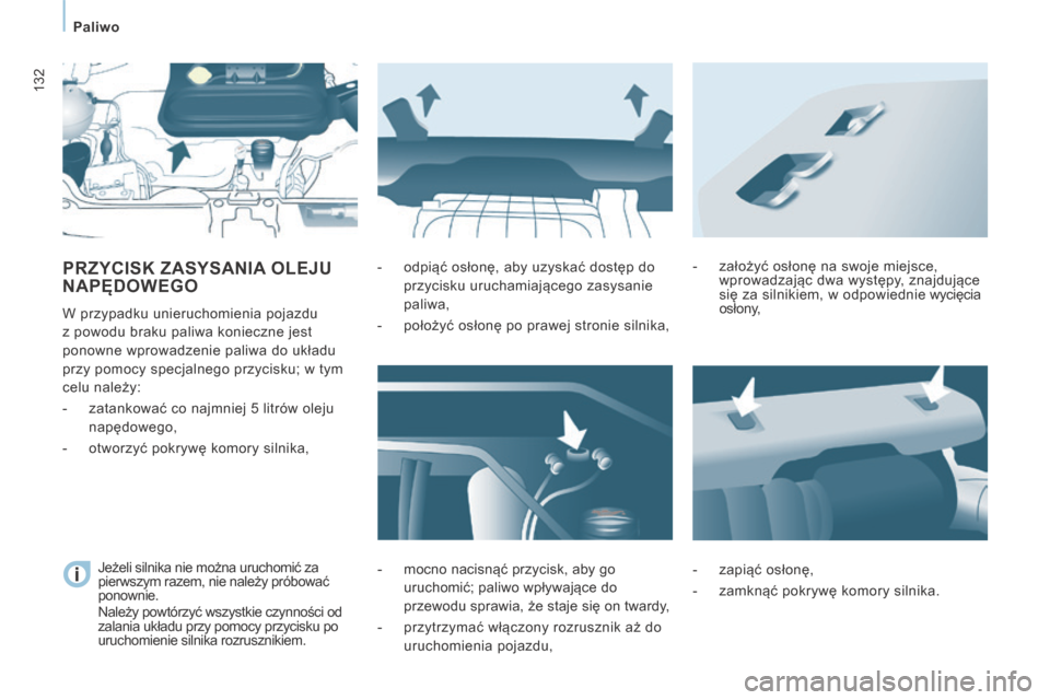 Peugeot Expert Tepee 2014 Instrukcja Obsługi (in Polish) 132
Paliwo
PRZYCISK ZASYSANIA OLEJU NAPĘDOWEGO
W przypadku unieruchomienia pojazdu
z powodu braku paliwa konieczne jest
ponowne wprowadzenie paliwa do układu
przy pomocy specjalnego przy Peugeot Expert Tepee 2014 Instrukcja Obsługi (in Polish) 132
Paliwo
PRZYCISK ZASYSANIA OLEJU NAPĘDOWEGO
W przypadku unieruchomienia pojazdu
z powodu braku paliwa konieczne jest
ponowne wprowadzenie paliwa do układu
przy pomocy specjalnego przy