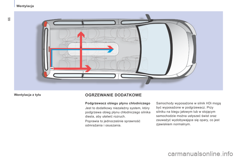 Peugeot Expert Tepee 2014  Instrukcja Obsługi (in Polish) 66
   Wentylacja   
 OGRZEWANIE DODATKOWE  
Samochody wyposażone w silnik HDi mogą 
być wyposażone w podgrzewacz. Przy 
silniku na biegu jałowym lub w stojącym 
samochodzie można usłyszeć św
