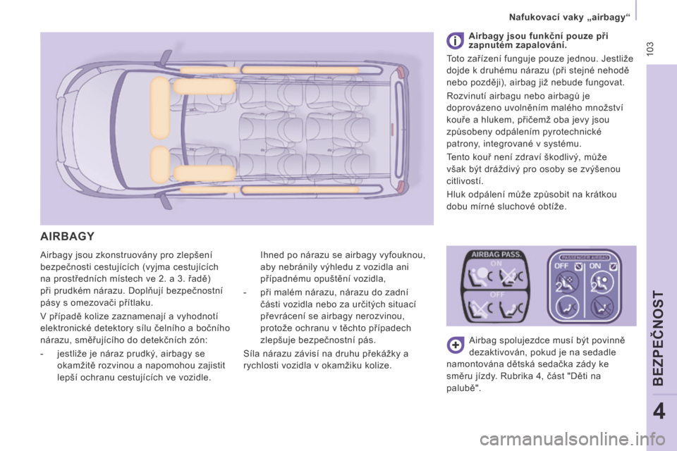 Peugeot Expert Tepee 2014  Návod k obsluze (in Czech)  103
   Nafukovací vaky „airbagy“   
BEZPEČNOST
4
 Airbagy jsou zkonstruovány pro zlepšení 
bezpečnosti cestujících (vyjma cestujících 
na prostředních místech ve 2. a 3. řadě) 
př