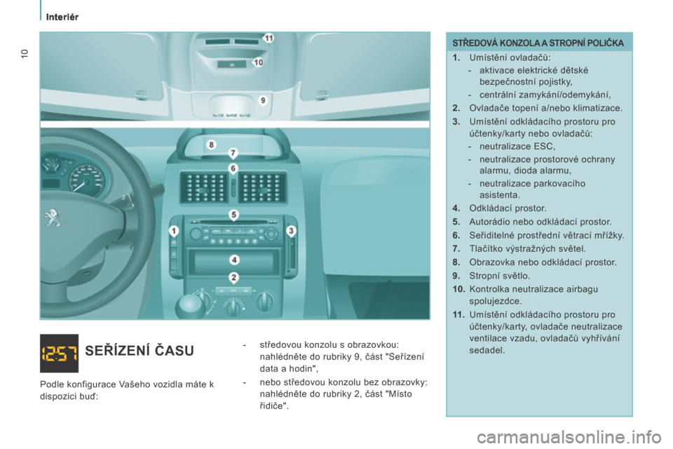 Peugeot Expert Tepee 2014  Návod k obsluze (in Czech)    Interiér   
10
  STŘEDOVÁ KONZOLA A STROPNÍ POLIČKA 
   1.   Umístění ovladačů:    -   aktivace elektrické dětské bezpečnostní pojistky, 
  -   centrální zamykání/odemykání,  
